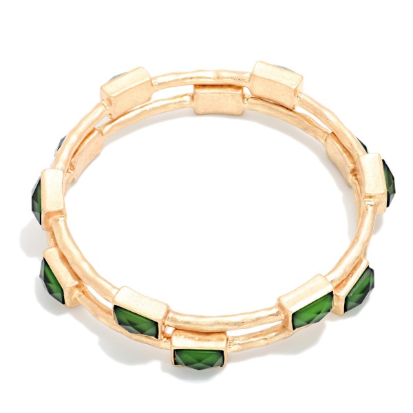 Framed Stone Station Bangle Bracelet with polished square stones set along slim wire bands for an easy stacked look. The clean framed settings give it a refined, vintage inspired finish that dresses up everyday outfits. Slips on easily and pairs well with watches and stretch styles. Offered in a wide range of stone options, it's perfect for building a coordinated bangle display and encouraging multiple purchases.