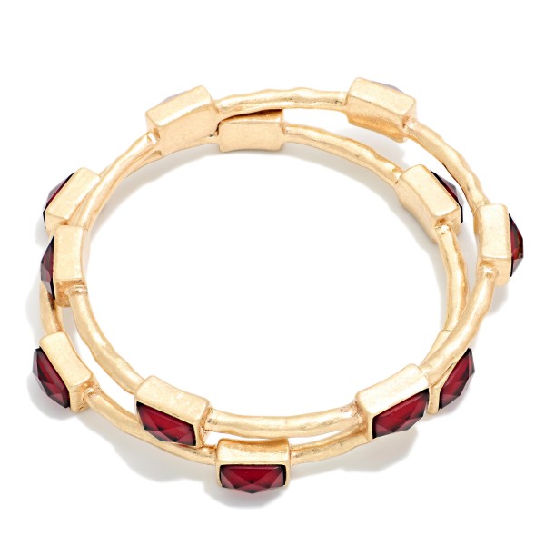 Framed Stone Station Bangle Bracelet with polished square stones set along slim wire bands for an easy stacked look. The clean framed settings give it a refined, vintage inspired finish that dresses up everyday outfits. Slips on easily and pairs well with watches and stretch styles. Offered in a wide range of stone options, it's perfect for building a coordinated bangle display and encouraging multiple purchases.
