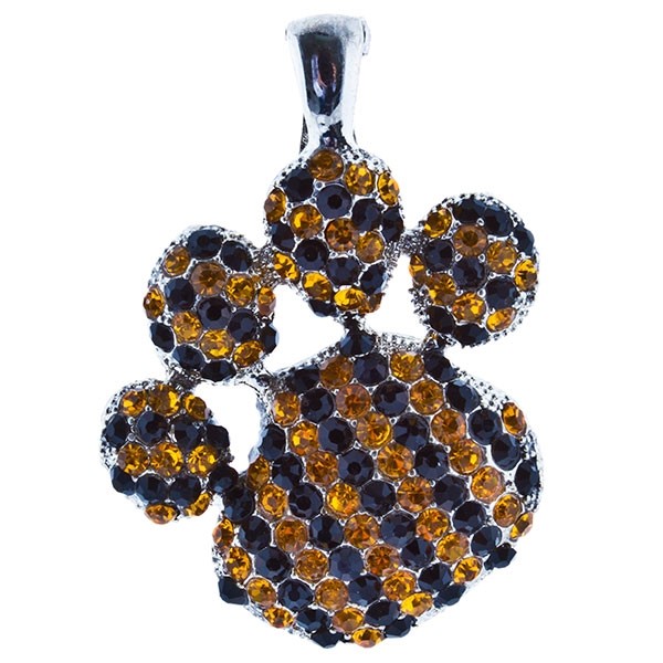 2 1/2" Silver tone paw pendant encrusted with yellow and black rhinestones.