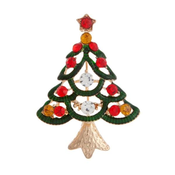 2" Gold tone Christmas tree pin with red, yellow, and clear rhinestones.