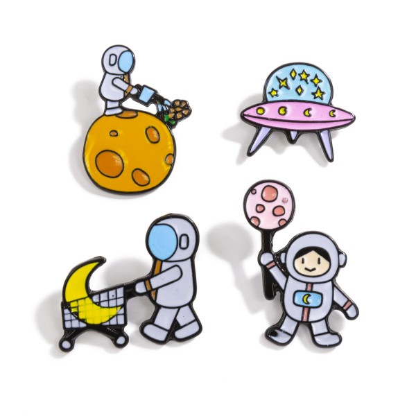 Set of Four Astronaut Themed Enamel Pins

- Approximately .75" - 1.25" 