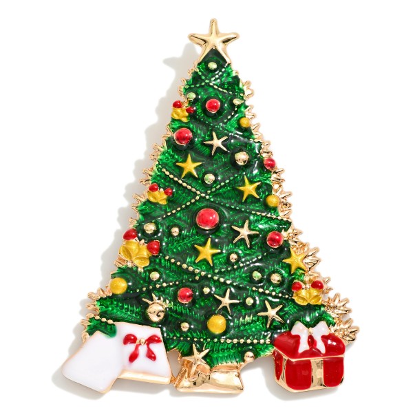 Enamel Christmas Tree Holiday Brooch Pin 

- Approximately 2.5" L 
- Magnetic Pin