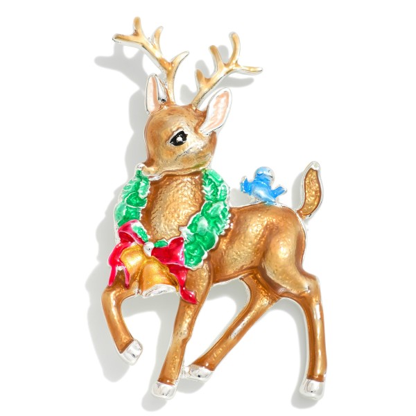Painted Metal Christmas Reindeer Holiday Brooch Pin 

- Approximately 2.5" L 
- Magnetic Pin 