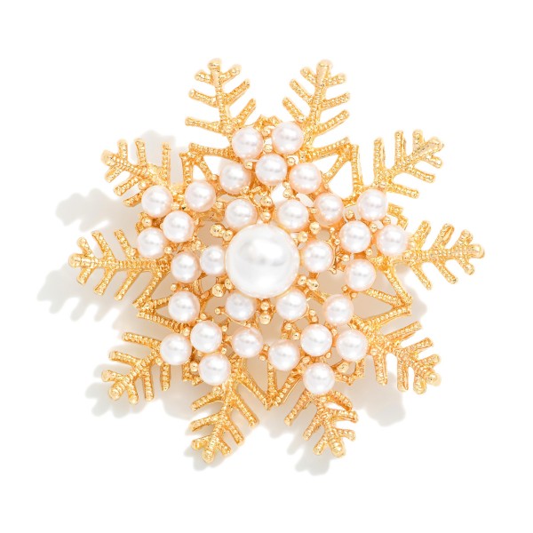 Metal Christmas Snowflake Brooch Pin Featuring Pearls 
- Approximately 1.75" D 
- Gold Dipped