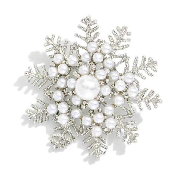 Metal Christmas Snowflake Brooch Pin Featuring Pearls 

- Approximately 1.75" D 
- Silver Dipped 