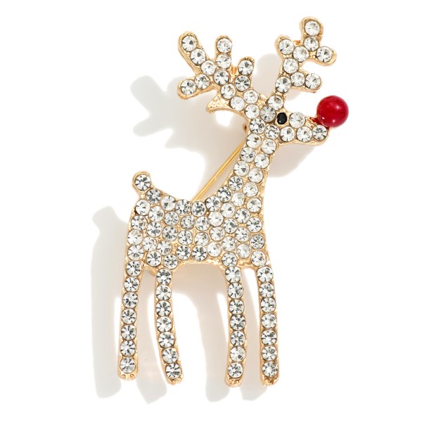 Rhinestone Studded Christmas Reindeer Holiday Brooch Pin

- Approximately 2" L 

