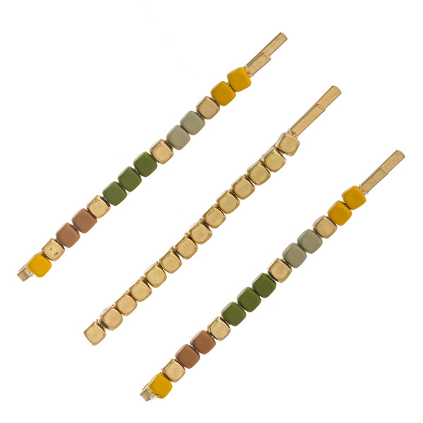 Wholesale hair pin set three hair pins color block beaded details