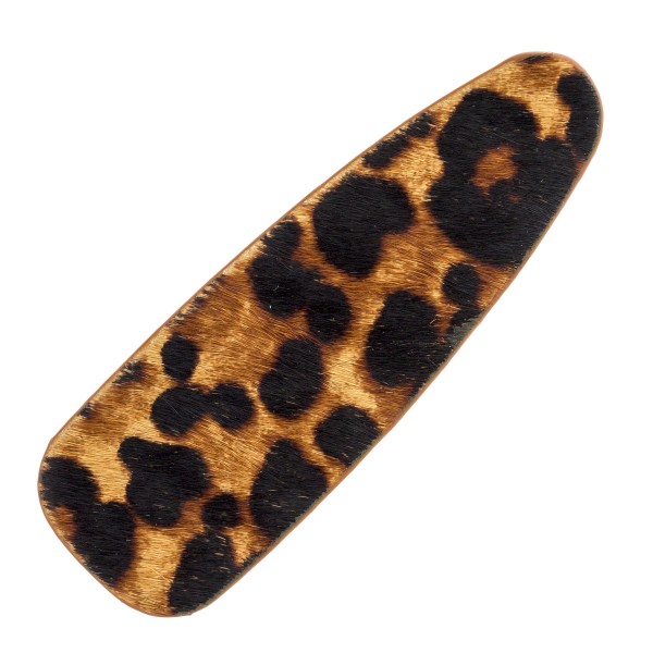 Faux fur leopard print hair clip. Approximately 3" in length.