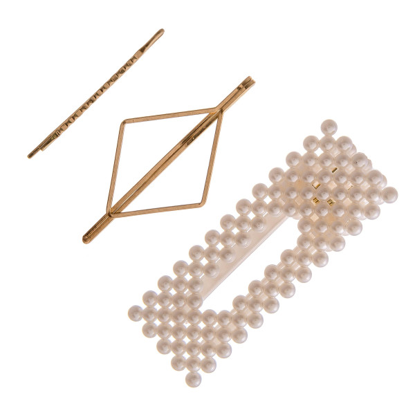 Wholesale hair pin set pearl beaded square resin clip diamond pin plain metal pi