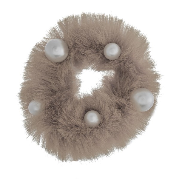 Wholesale solid color faux fur pearl hair scrunchie One Polyester