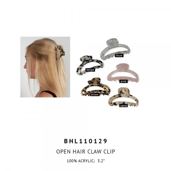 Acrylic Open Claw Hair Clip. 

- 100% Acrylic 
- Approximately 3.2" Long 