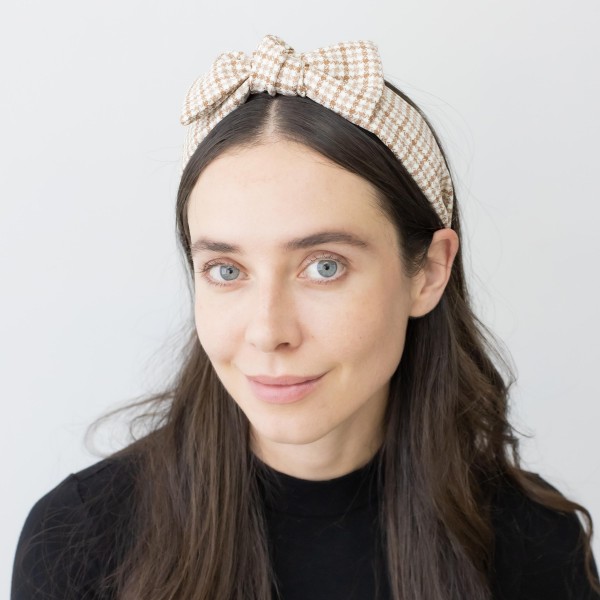 Wholesale houndstooth Wrapped Headband Top Bow Detail One Fits Most Polyester