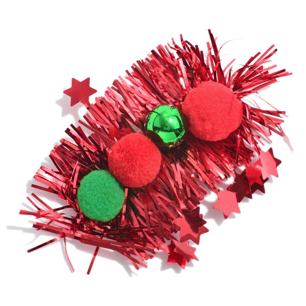 Tinsel Garland Hair Barrette With Pom Accents.

- Approximately 3" L