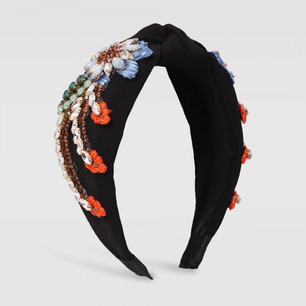 Statement Knotted Headband Featuring Stitched Rhinestone Studded Flowers

- One Size Fits Most