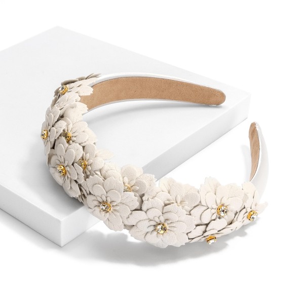 Wholesale leather Flower Headband Rhinestone Accents One Fits Most