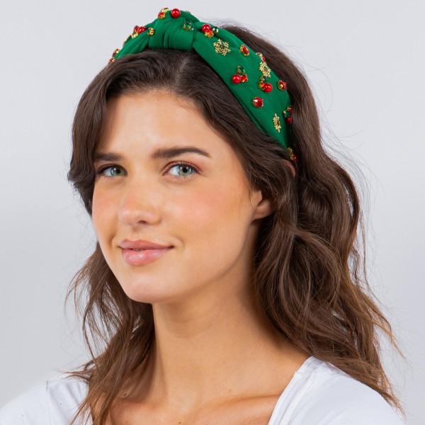 Top Knot Holiday Headband With Gold Tone Snowflakes and Rhinestone Accents

- One Size Fits Most