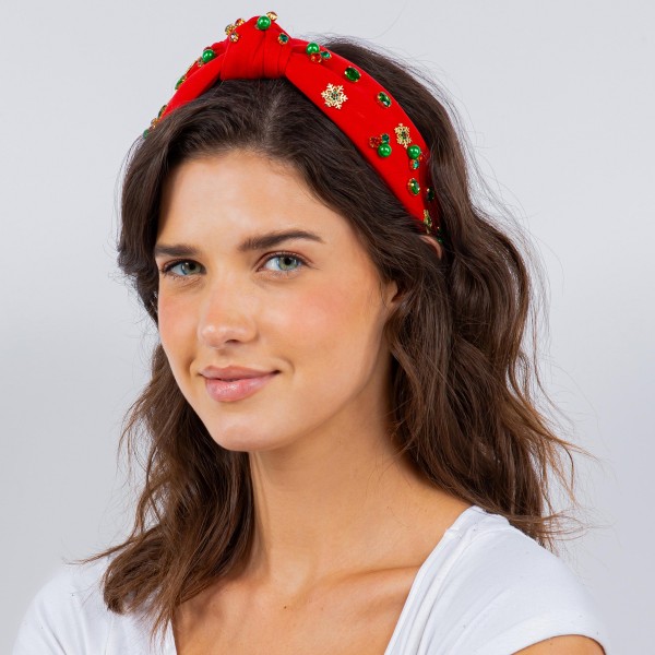 Top Knot Holiday Headband With Gold Tone Snowflakes and Rhinestone Accents

- One Size Fits Most