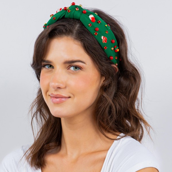 Top Knot Holiday Headband With Enamel Christmas Charms and Rhinestone Accents

- One Size Fits Most