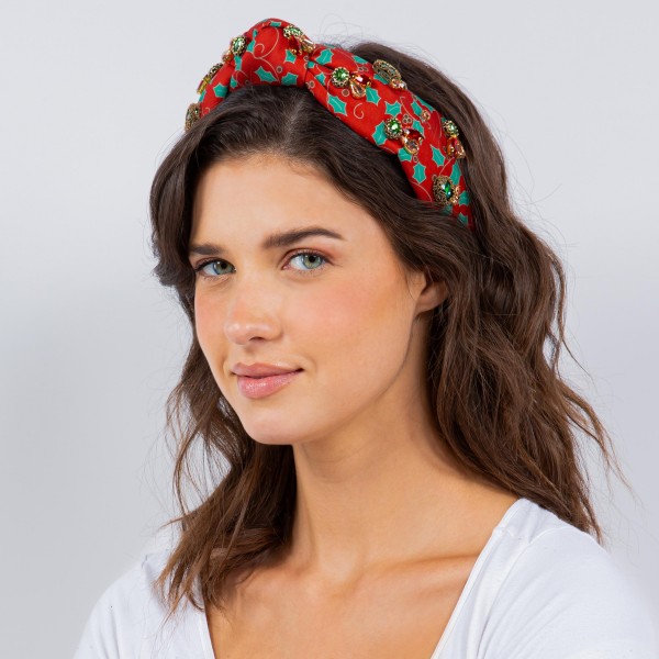 Wholesale christmas Holly Printed Top Knot Headband Rhinestone Details One Fits