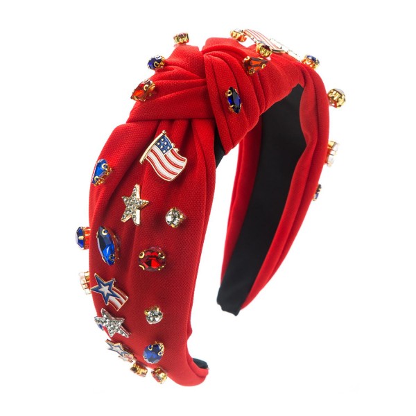 Americana Knotted Headband Featuring Rhinestones and Enamel American Flags

- One Size Fits Most