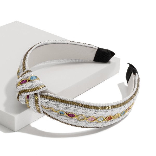 Wholesale woven Knotted Headband Sequin Border Glitter Striping Detail One Fits
