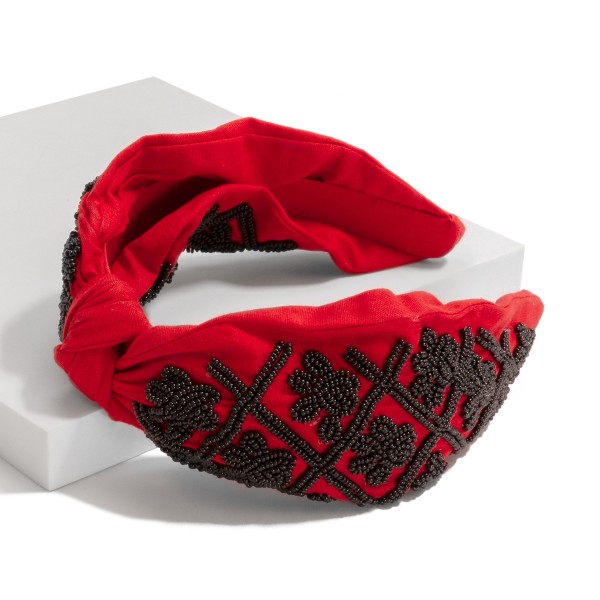 Wholesale game Day Seed Beaded Checkered Paw Print Knotted Headband One Fits Mos