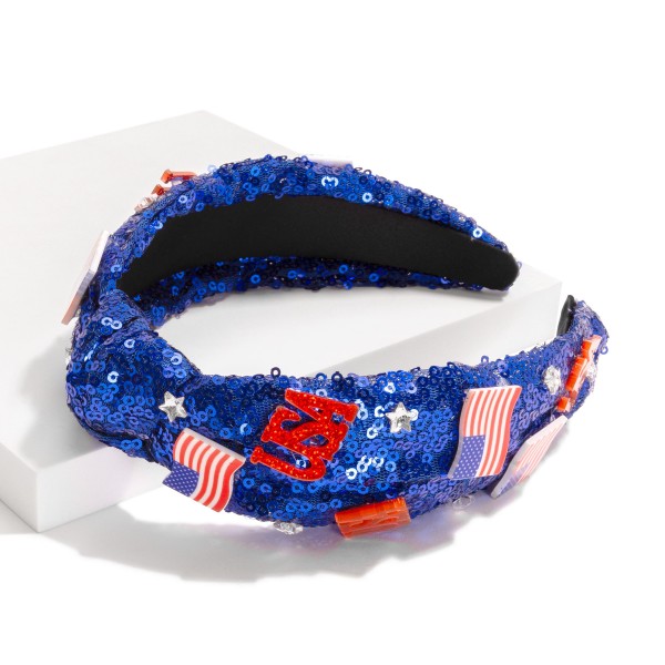 Wholesale sequin Top Knot Headband Rhinestone Stars American Flags One Fits Most