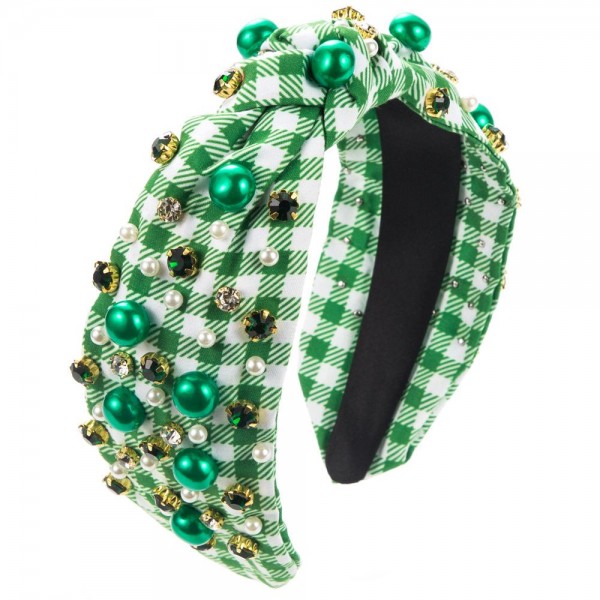 Wholesale plaid Knotted Headband Green Beads Rhinestones One Fits Most