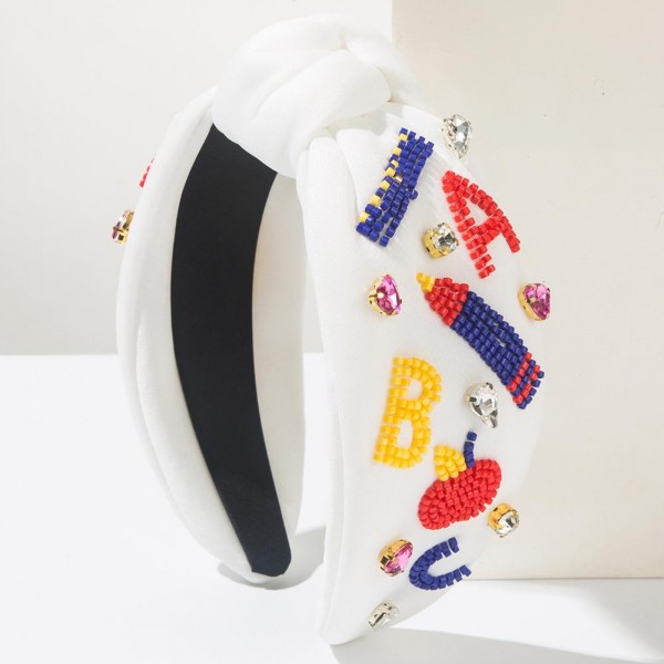 Knotted Headband Featuring Rhinestones & Seed Beaded ABC Detail

- One Size Fits Most