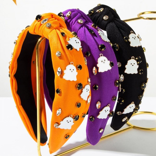 Enamel Ghost & Rhinestone Studded Knotted Headband 

- One Size Fits Most 
