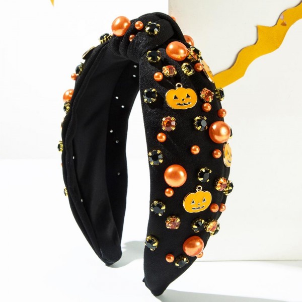 Enamel Jack-O-Lantern, Orange Pearl, & Rhinestone Studded Knotted Headband 

- One Size Fits Most 