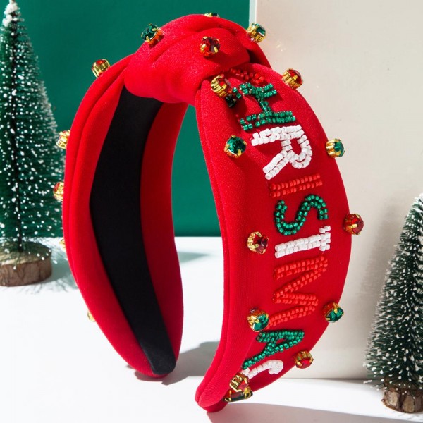 "MERRY CHRISTMAS" Seed Beaded & Rhinestone Studded Knotted Headband

- One Size Fits Most