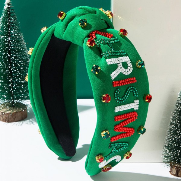 "MERRY CHRISTMAS" Seed Beaded & Rhinestone Studded Knotted Headband

- One Size Fits Most