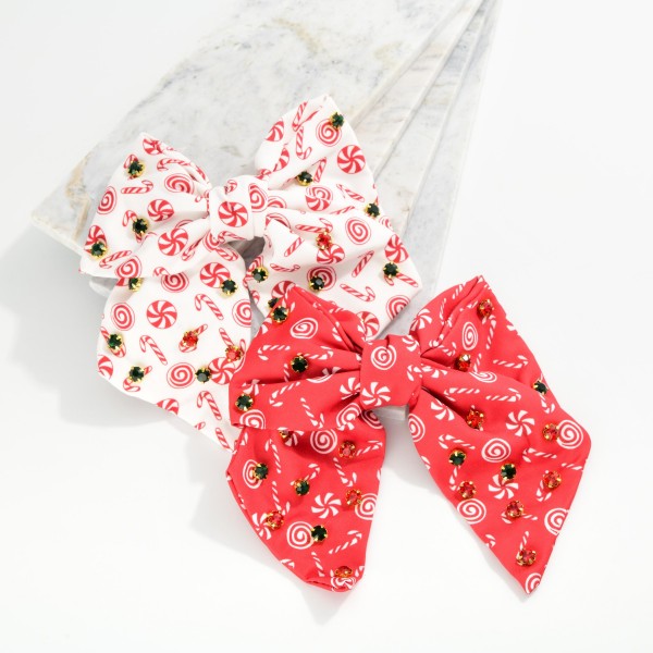 Candy Cane Print Clip In Hair Bow With Rhinestone Detailing 

- Approximately 7" L 