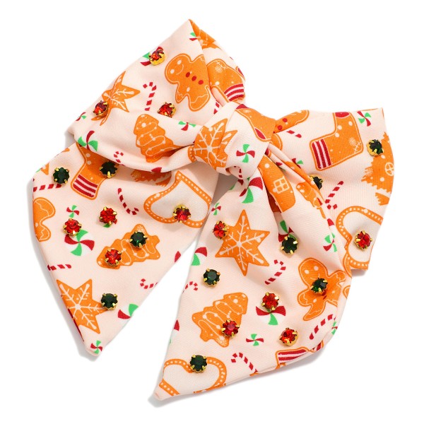 Gingerbread Print Clip In Hair Bow With Rhinestone Detailing 

- Approximately 7" L