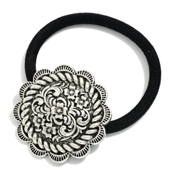 Round Metal Tone Filigree Western Hair Tie  

- Approximately 2.5" D 