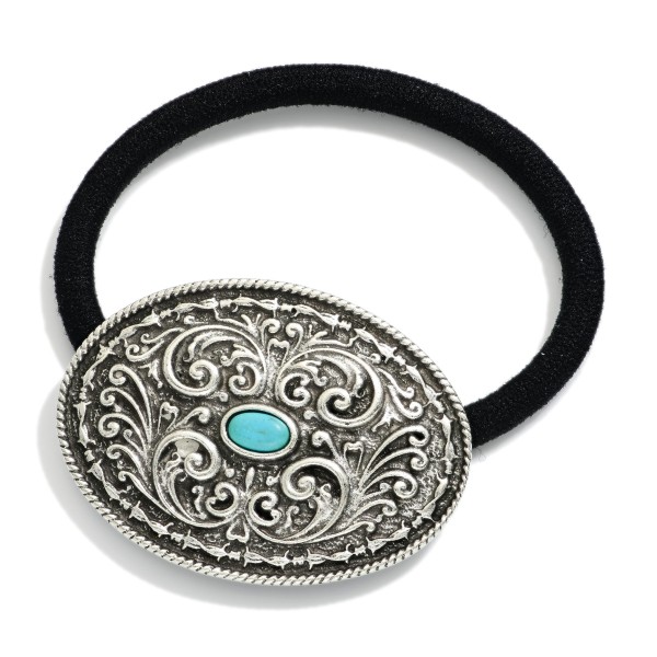 Oval Metal Tone Filigree Western Hair Tie Featuring Turquoise Stone 

- Approximately 2.5" D 