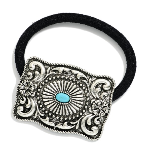 Rectangular Metal Tone Filigree Western Hair Tie Featuring Turquoise Stone 

- Approximately 2.5" D 
