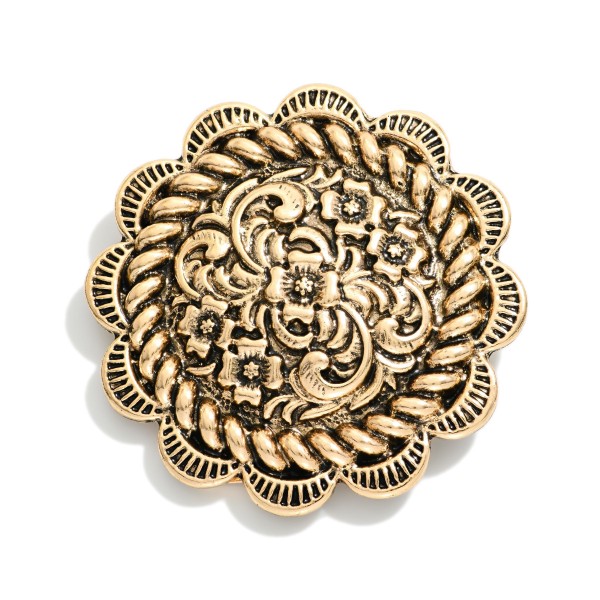 Round Metal Tone Filigree Western Scarf Clip 

- Approximately 1.5" D 