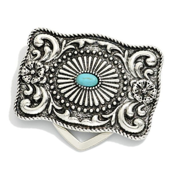 Rectangular Metal Tone Filigree Western Scarf Clip Featuring Turquoise Stone  

- Approximately 1.5" D 