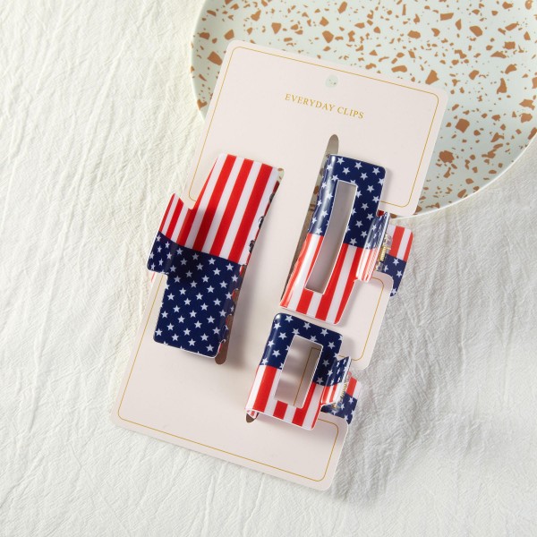 Set Of Three Americana Print Hair Clips 

- Approximately 2" - 4" L 