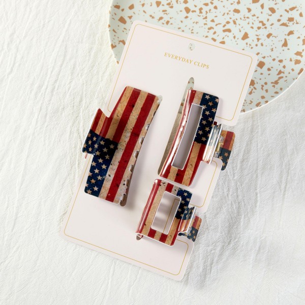 Set Of Three Americana Print Hair Clips 

- Approximately 2" - 4" L 