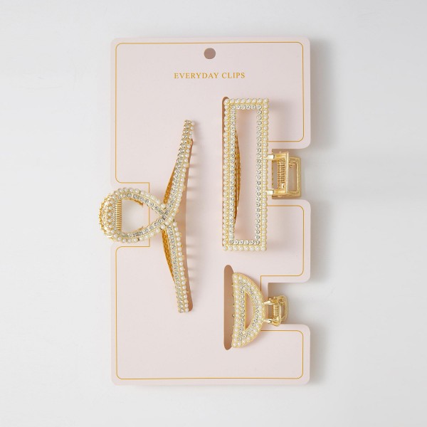 Set Of Three Pearl & Rhinestone Claw Hair Clips

- Approximately 1" - 4" L