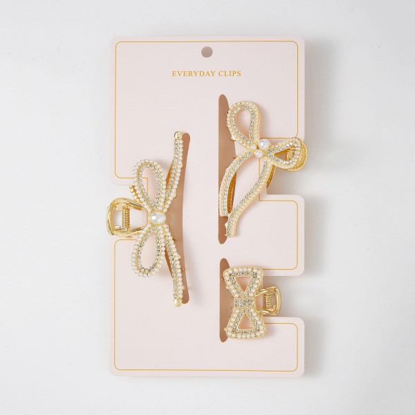 Set Of Three Pearl & Rhinestone Bow Claw Hair Clips

- Approximately 1" - 4" L