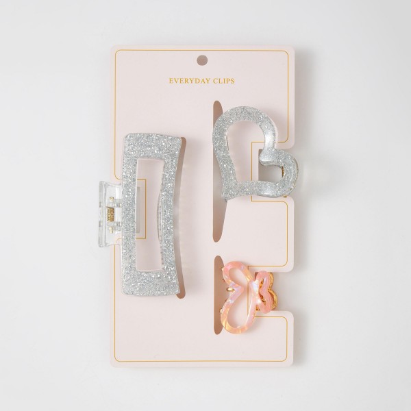 Set Of Three Glitter & Marbled Acetate Claw Hair Clips

- Approximately 1" - 4" L