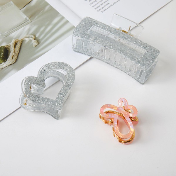 Set Of Three Glitter & Marbled Acetate Claw Hair Clips

- Approximately 1" - 4" L