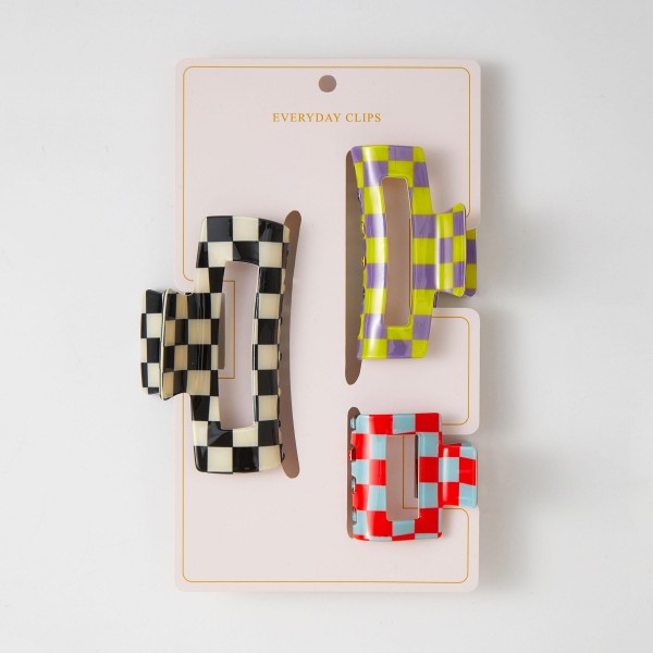 Set Of Three Checker Acetate Claw Hair Clips 

- Approximately 2" - 4" L
