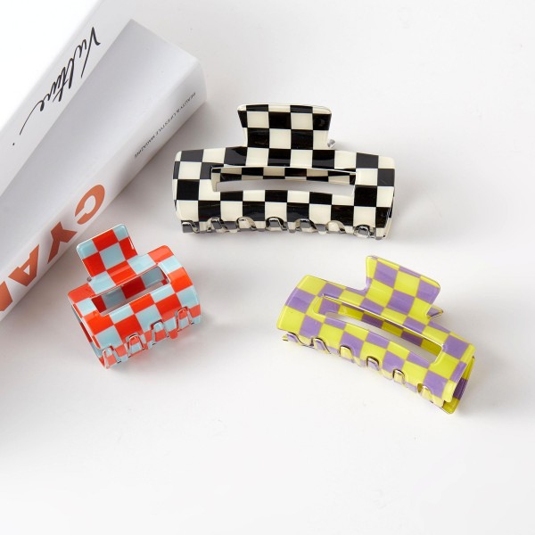 Set Of Three Checker Acetate Claw Hair Clips 

- Approximately 2" - 4" L
