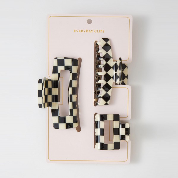 Set Of Three Checker Acetate Claw Hair Clips 

- Approximately 2" - 4" L