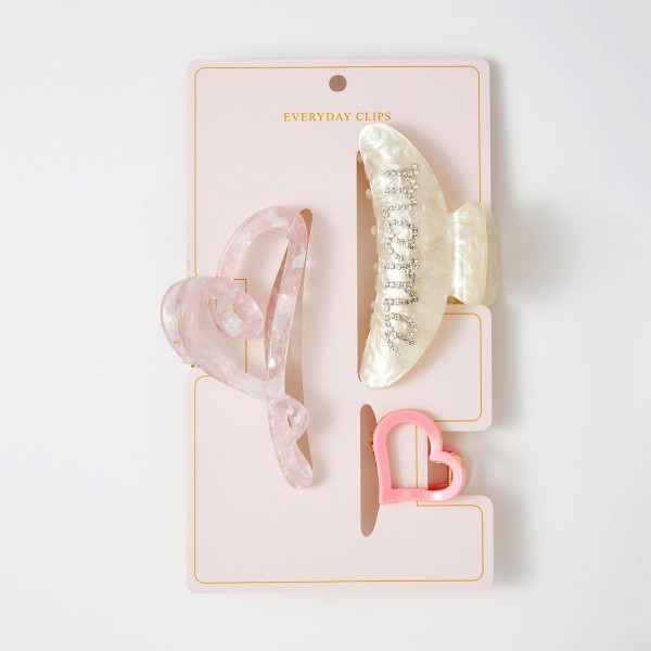 Set Of Three Marbled Acetate & Rhinestone "Mama" Claw Hair Clips

- Approximately 1" - 4" L